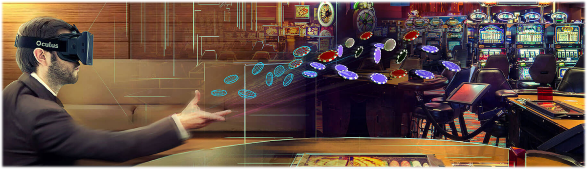 VR Casino Nutzer mit VR Brille und Jetons